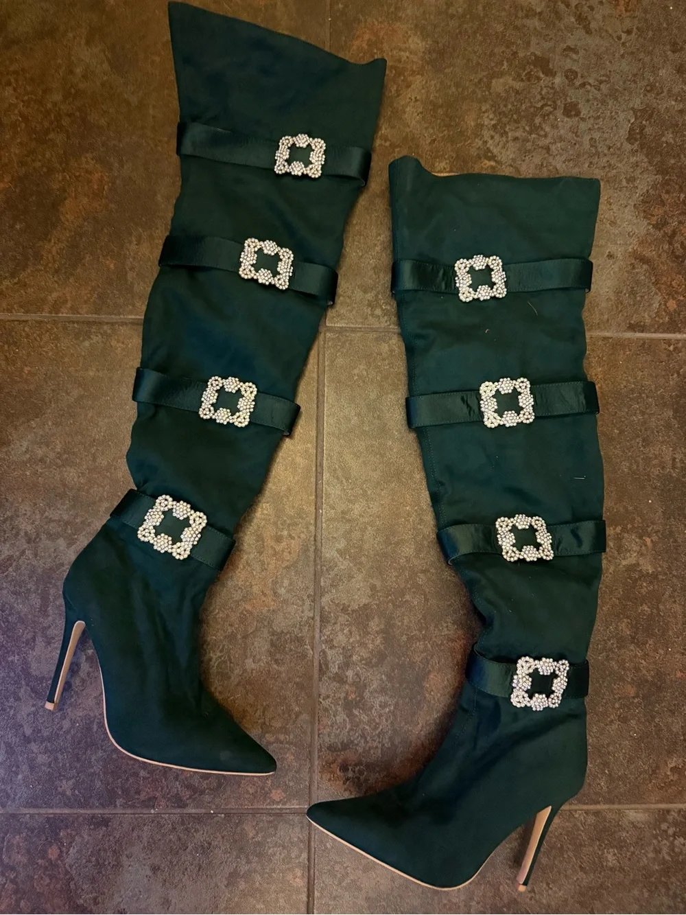 Women's Emerald Green Over-the-Knee Buckle Stiletto Boots